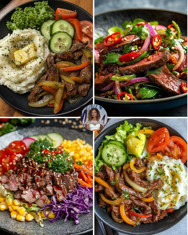 Delicious beef stir-fry served with creamy mashed potatoes on a plate