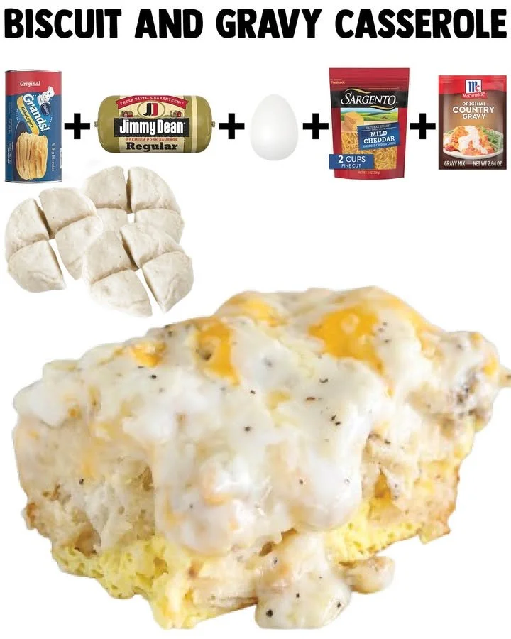Biscuit gravy casserole topped with sausage and cheese in a baking dish