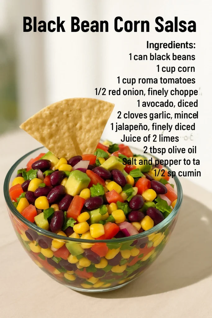 Bowl of black bean corn salsa with fresh ingredients and colorful vegetables