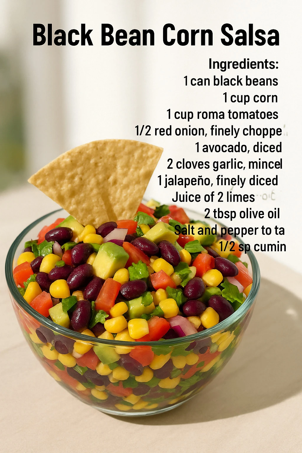 Bowl of black bean corn salsa with fresh ingredients and colorful vegetables