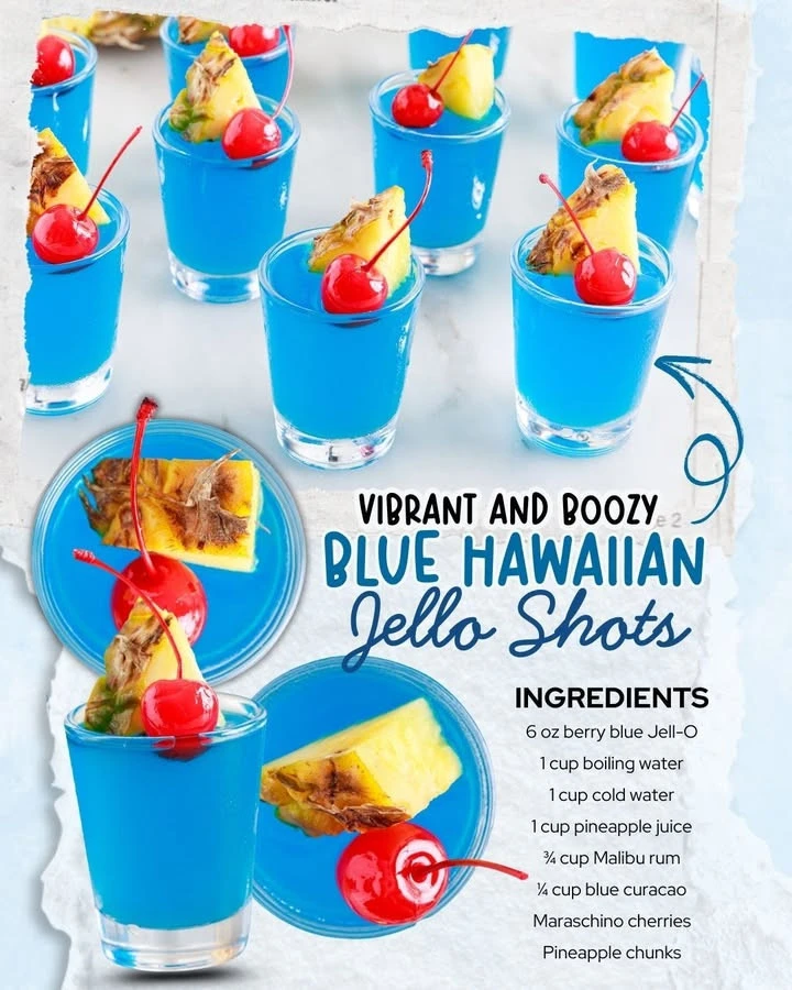 Blue Hawaiian Jello Shots served in colorful cups