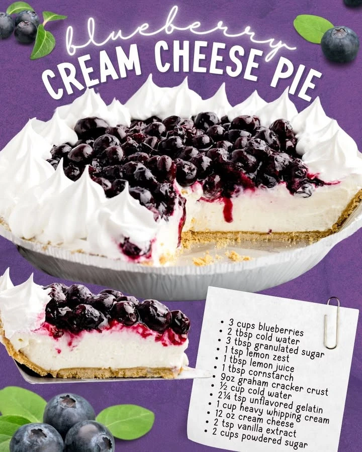 Delicious Blueberry Cream Cheese Pie topped with fresh blueberries