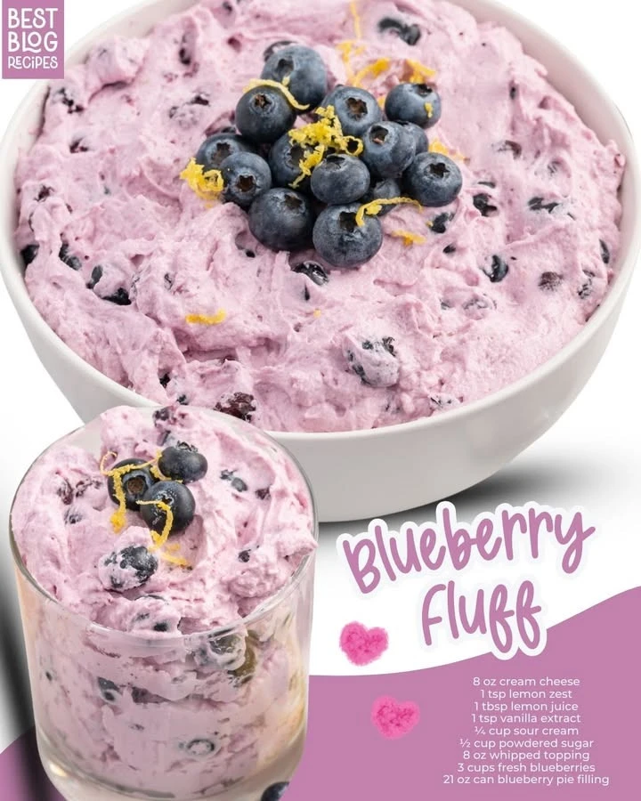 Delicious Blueberry Fluff dessert in a bowl, topped with fresh blueberries.
