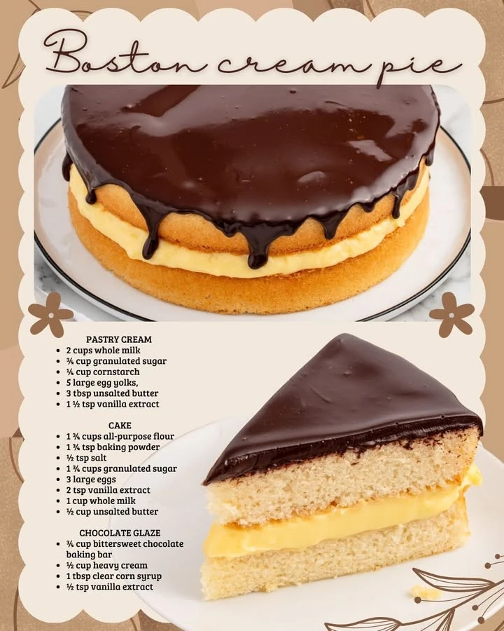Delicious slice of Boston Cream Pie with chocolate glaze and creamy filling
