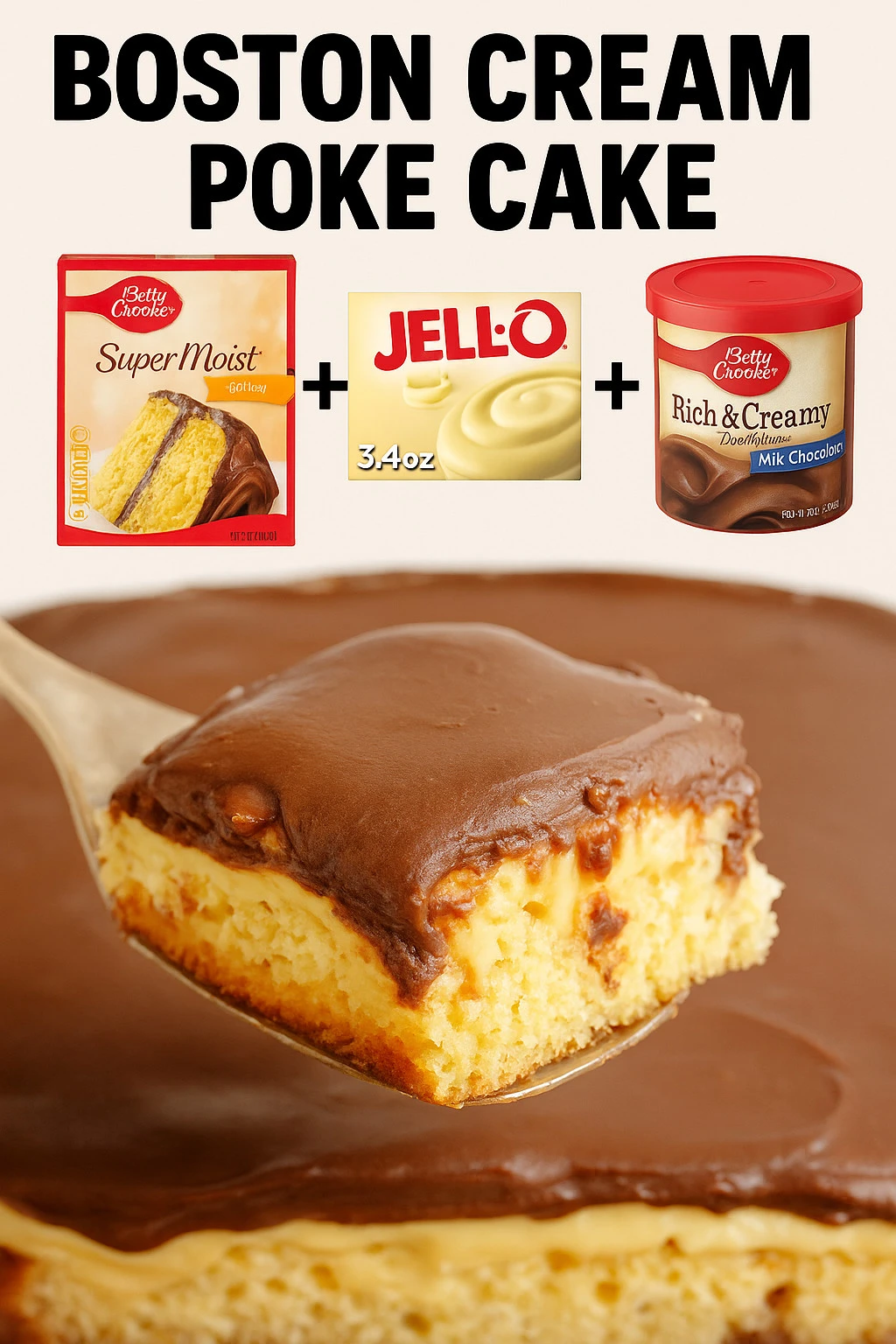 Delicious Boston Cream Poke Cake topped with chocolate and cream filling