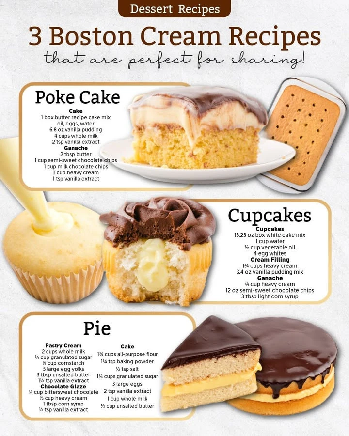 Delicious variations of Boston Cream dessert displayed on a rustic wooden table.