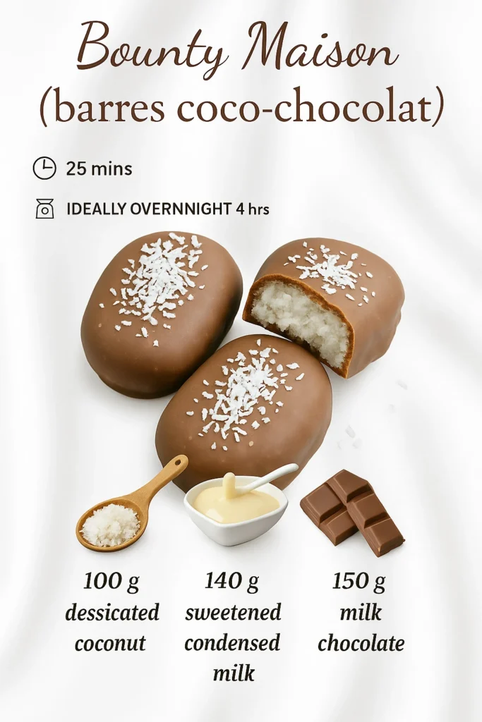 Delicious Coconut Chocolate Bars from Bounty House featuring creamy coconut and rich chocolate.