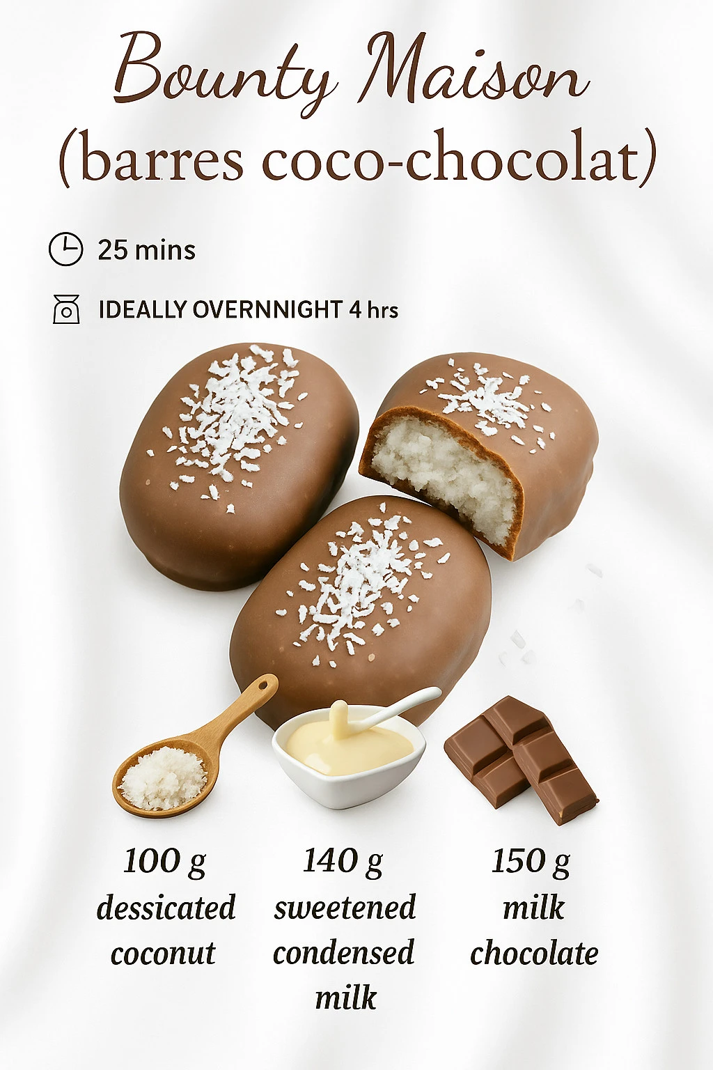 Delicious Coconut Chocolate Bars from Bounty House featuring creamy coconut and rich chocolate.