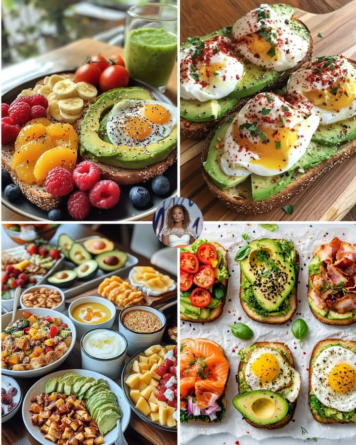 Variety of healthy breakfast ideas including smoothies, omelets, and overnight oats.