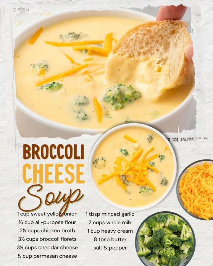 Delicious bowl of creamy broccoli cheese soup topped with cheese and herbs