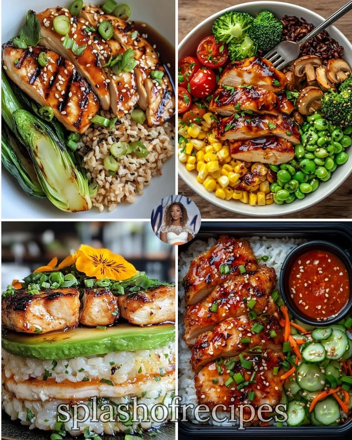 Delicious brown rice topped with teriyaki chicken garnished with green onions
