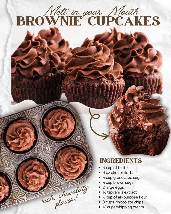 Homemade brownie cupcakes topped with chocolate frosting and sprinkles.