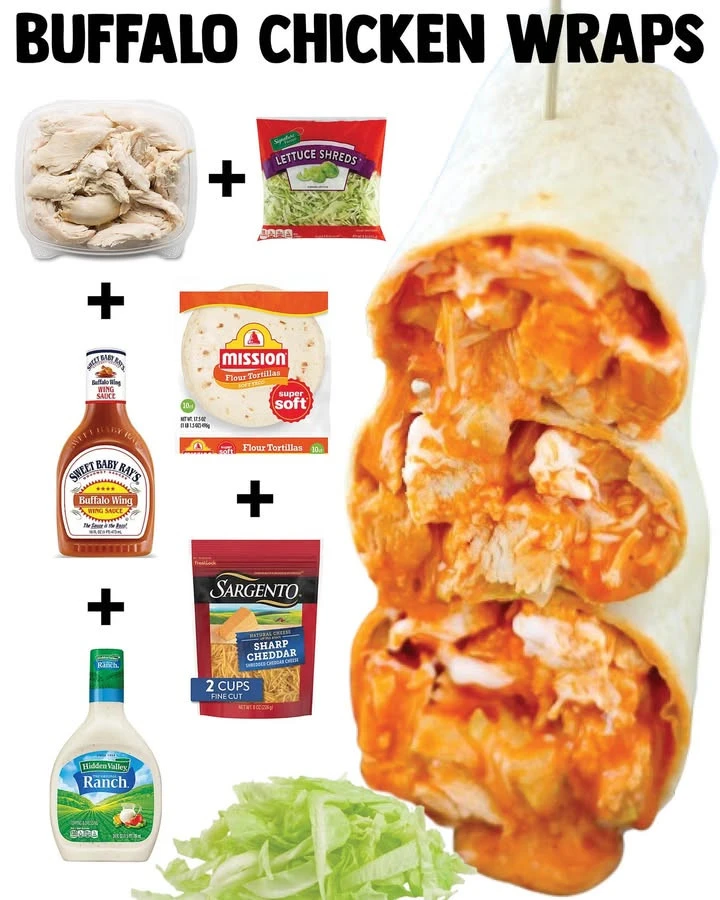 Buffalo Chicken Wraps with spicy chicken, lettuce, and sauce