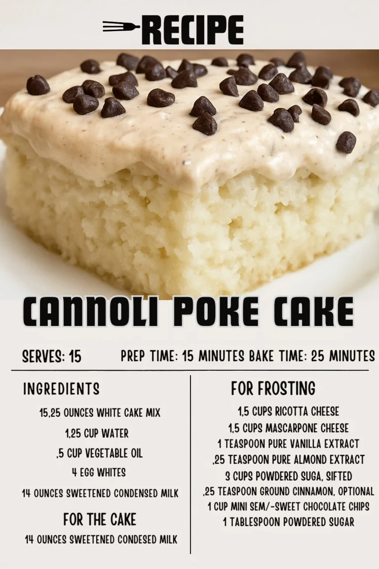 Delicious Cannoli Poke Cake topped with cream and chocolate chips