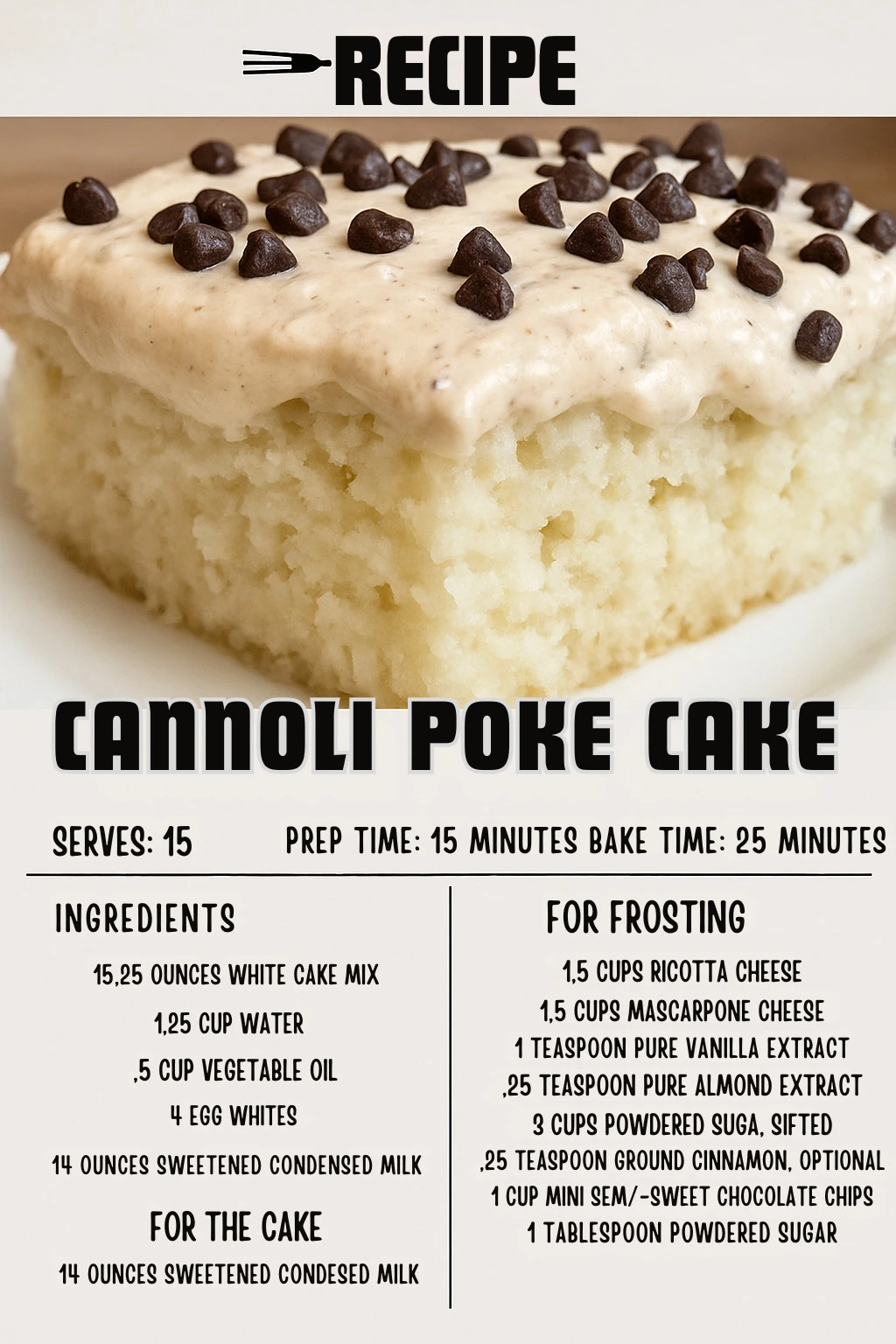 Delicious Cannoli Poke Cake topped with cream and chocolate chips
