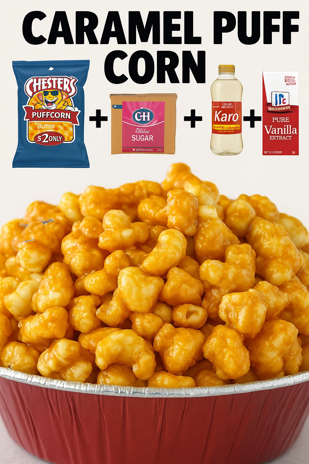 Bowl of caramel puff corn snack close-up on a wooden table
