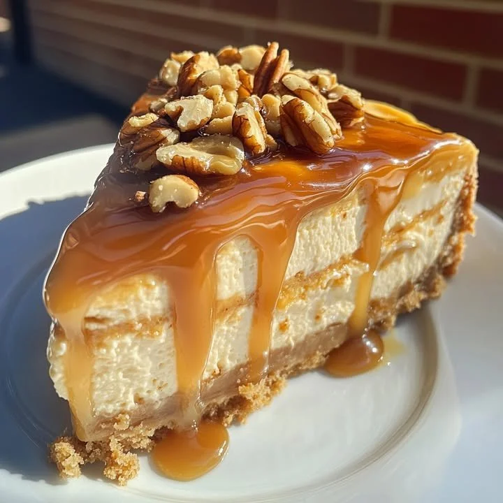 Decadent caramel walnut cheesecake topped with caramel and walnuts