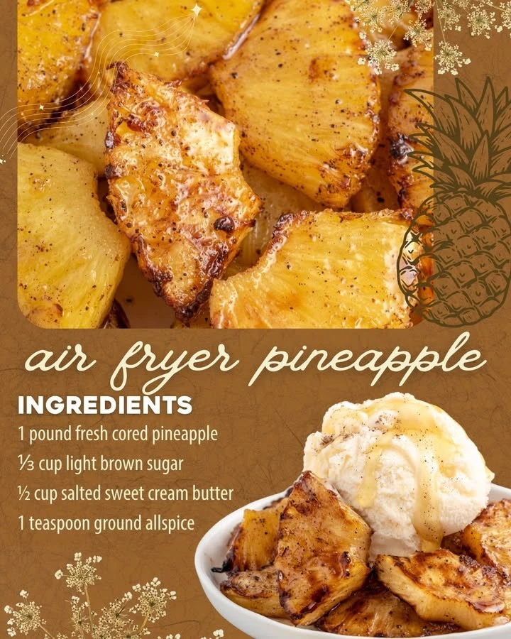 Caramelized air fryer pineapple served on a plate with a garnish