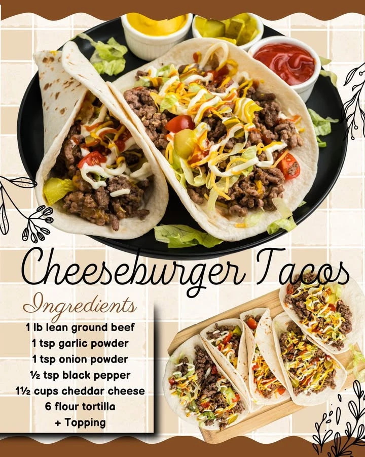 Delicious cheeseburger tacos featuring ground beef, cheese, and toppings.