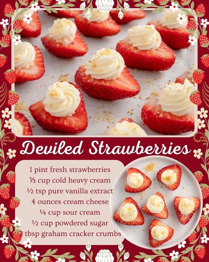 Cheesecake deviled strawberries topped with creamy filling and fresh fruits