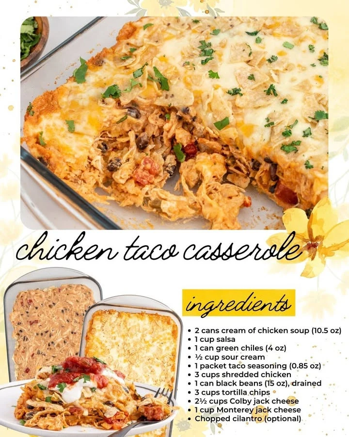 Delicious cheesy chicken taco casserole dish ready to be served
