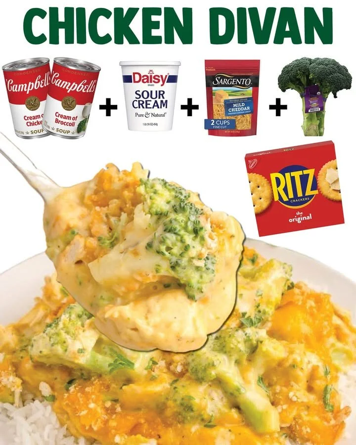 Creamy Chicken Divan dish with broccoli and cheese sauce