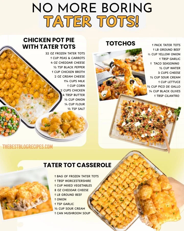 Delicious chicken pot pie topped with crispy tater tots for a comforting meal.