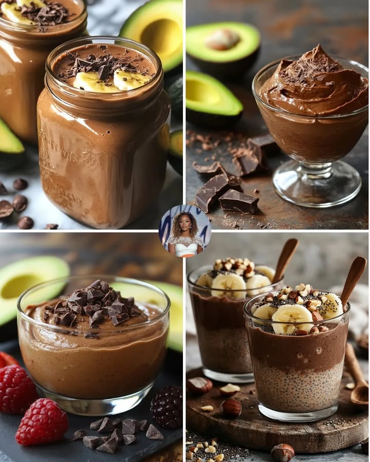 Chocolate Avocado Energy Smoothie in a glass with toppings