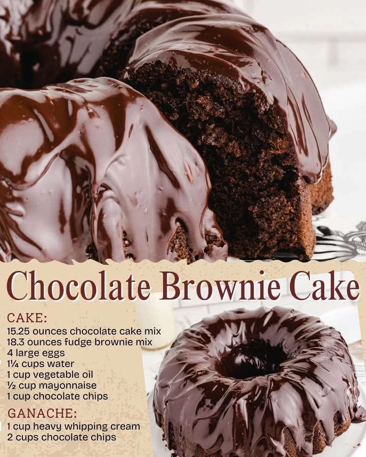 A decadent Chocolate Brownie Cake topped with chocolate ganache and walnuts