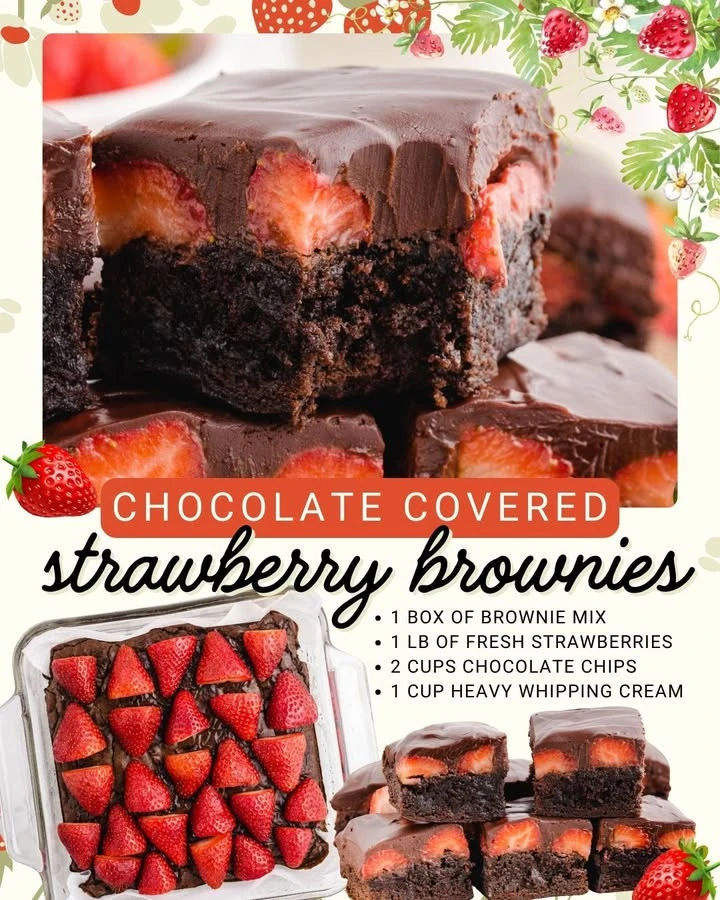 Decadent chocolate covered strawberry brownies on a plate