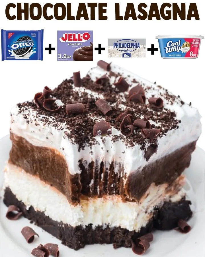 Delicious chocolate lasagna layered with creamy chocolate filling and cookies.