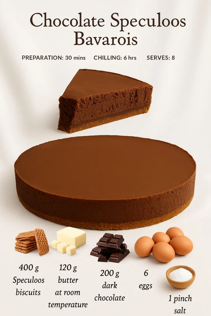 Decadent Chocolate Speculoos Bavarian Cream dessert garnished with speculoos crumbs.