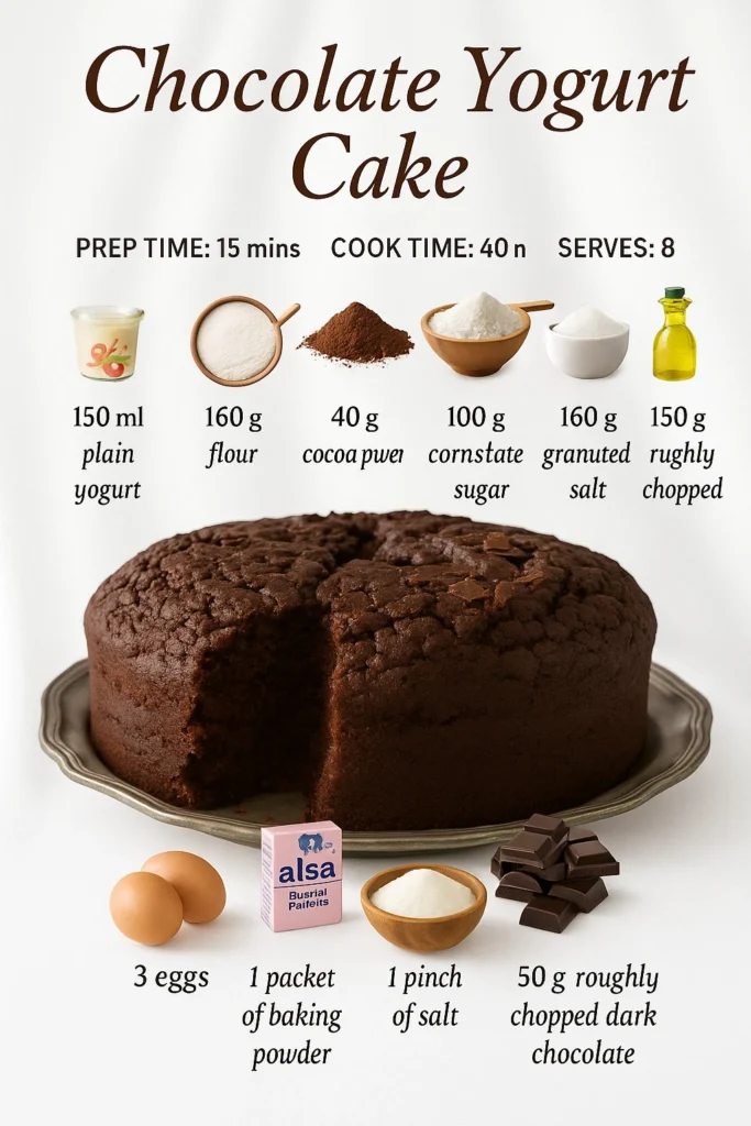 Delicious chocolate yogurt cake topped with chocolate frosting and berries