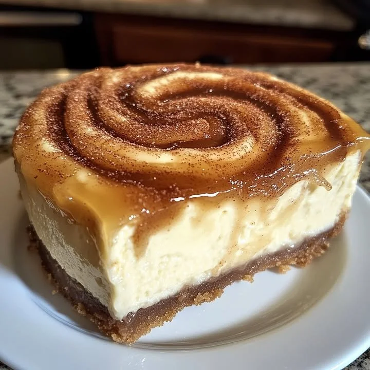 Delicious Cinnamon Roll Honeybun Cheesecake topped with cinnamon glaze.