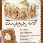 Delicious cinnamon roll poke cake topped with icing and cinnamon.