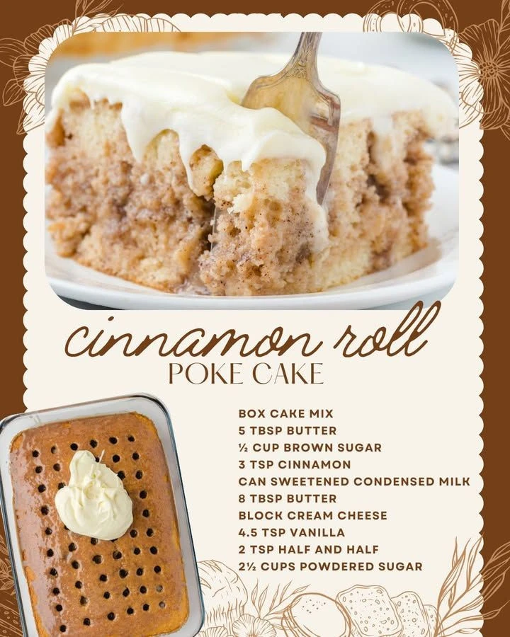 Delicious cinnamon roll poke cake topped with icing and cinnamon.