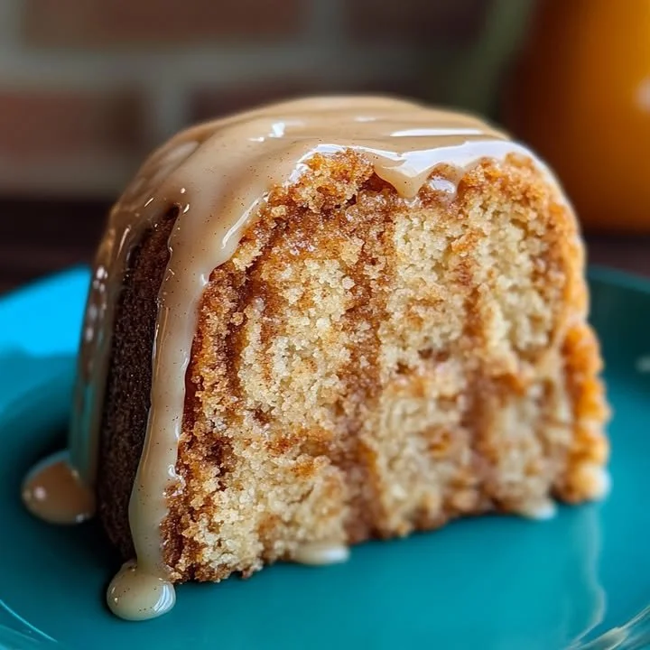 Sliced cinnamon roll pound cake topped with icing on a plate