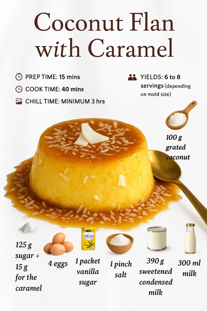 Delicious Coconut Caramel Flan dessert with coconut topping and caramel drizzle