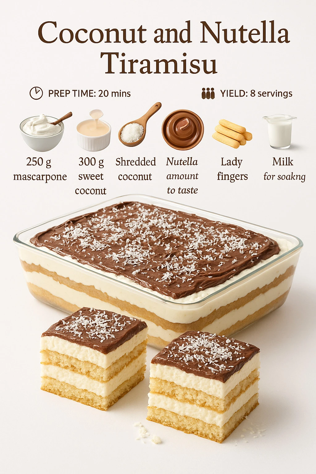 Delicious Coconut Nutella Tiramisu dessert with coconut flakes and Nutella layers