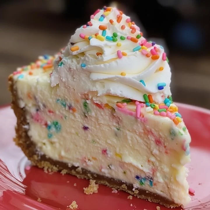 Slice of confetti cheesecake topped with colorful sprinkles on a white plate