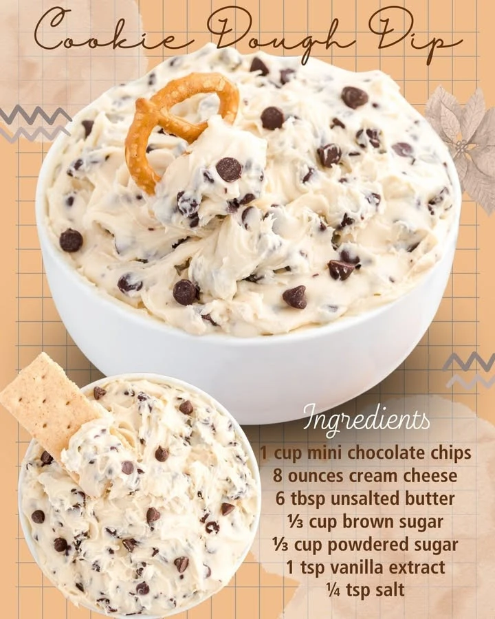 Delicious cookie dough dip served with chocolate chips and sprinkles.