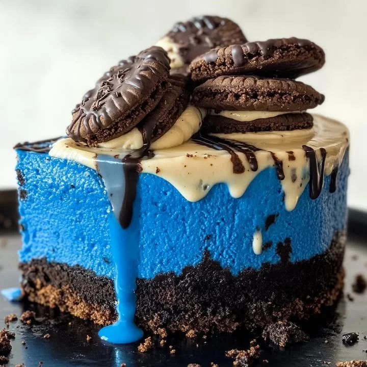 Slice of Cookie Monster Cheesecake topped with cookie crumbles and blue frosting