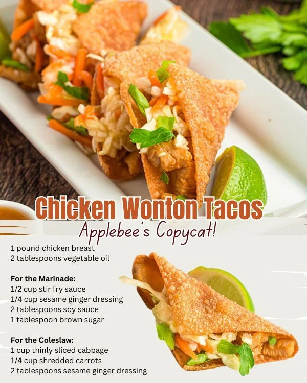 Copycat Applebee's Chicken Wonton Tacos served with dipping sauce