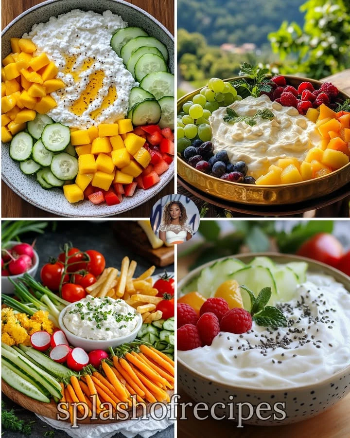 Bowl of cottage cheese topped with fresh mango and drizzled with honey.
