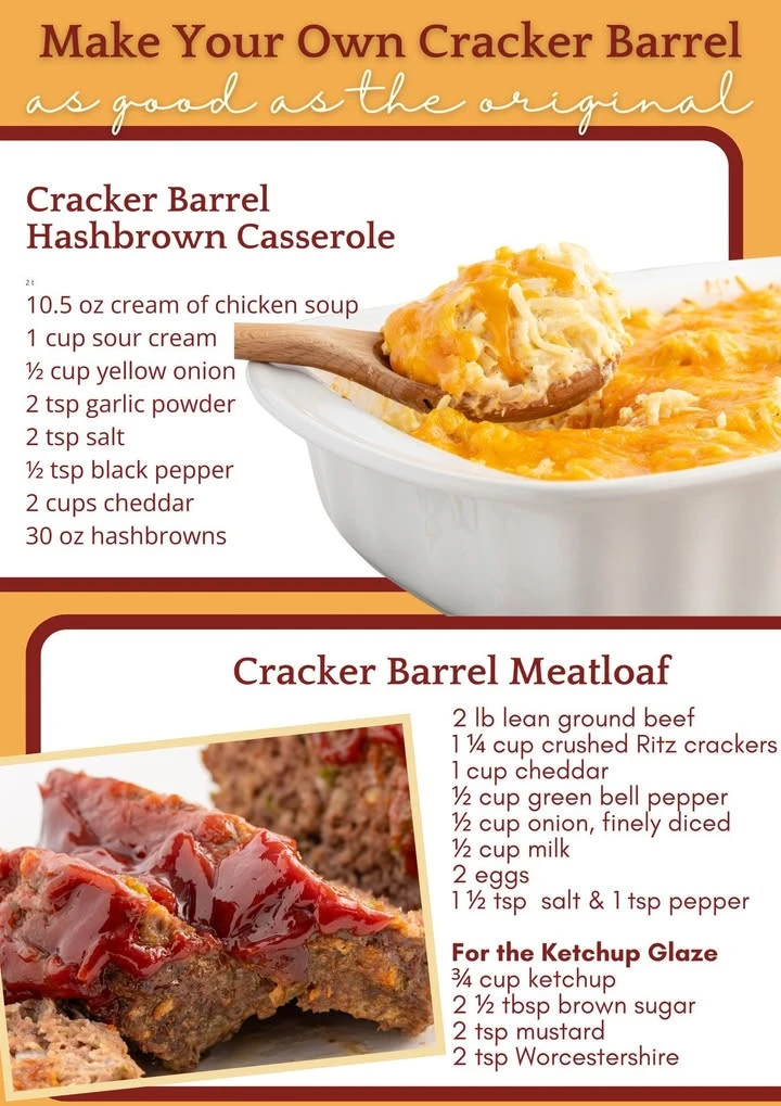 Cracker Barrel hashbrown casserole served with meatloaf on a plate