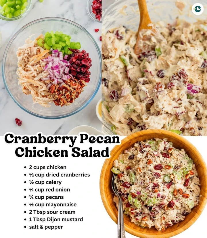 Cranberry Pecan Chicken Salad in a bowl, garnished with pecans and cranberries.