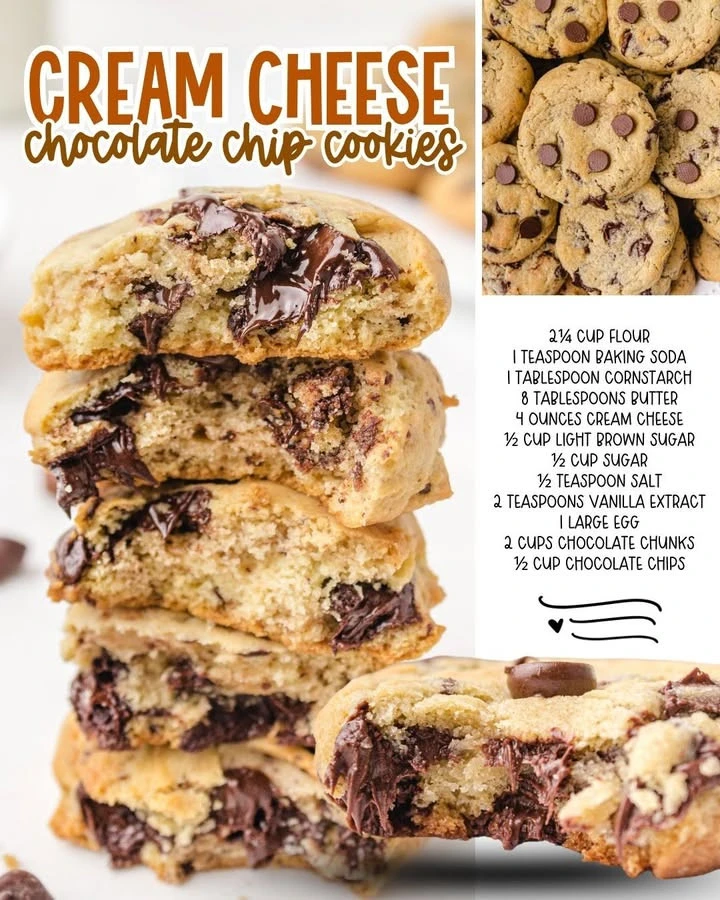 Delicious cream cheese chocolate chip cookies on a baking tray