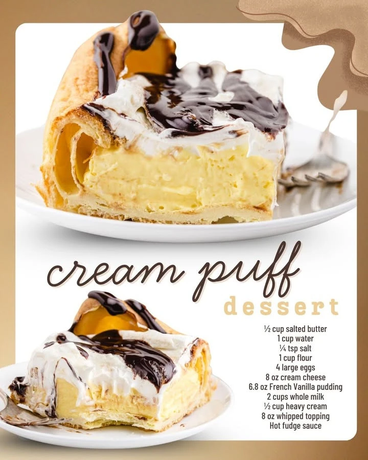 Delicious cream puff dessert filled with creamy custard and topped with icing sugar