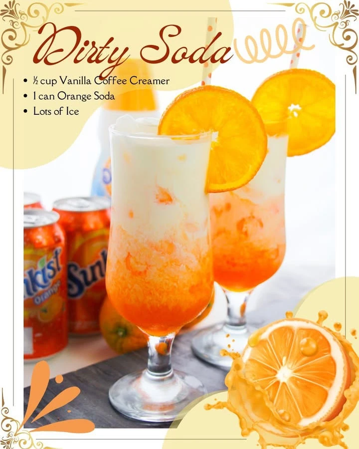 A colorful glasses of creamy creamsicle dirty soda with orange slices