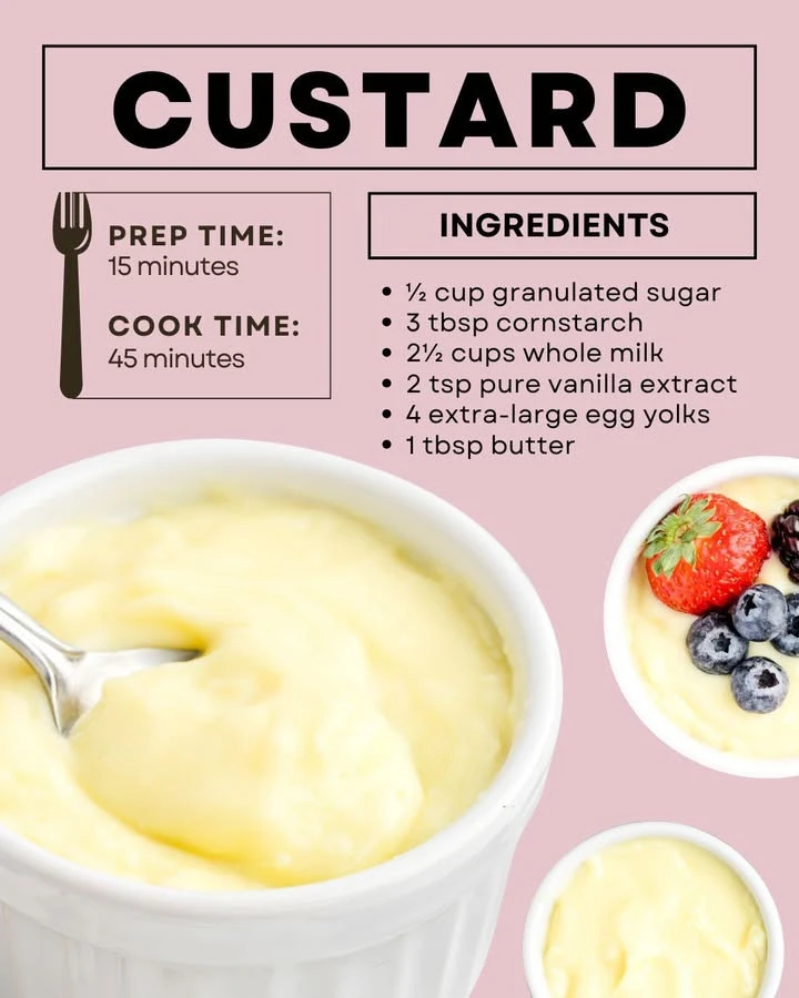 Delicious creamy custard in a bowl, topped with caramel sauce and fresh berries.